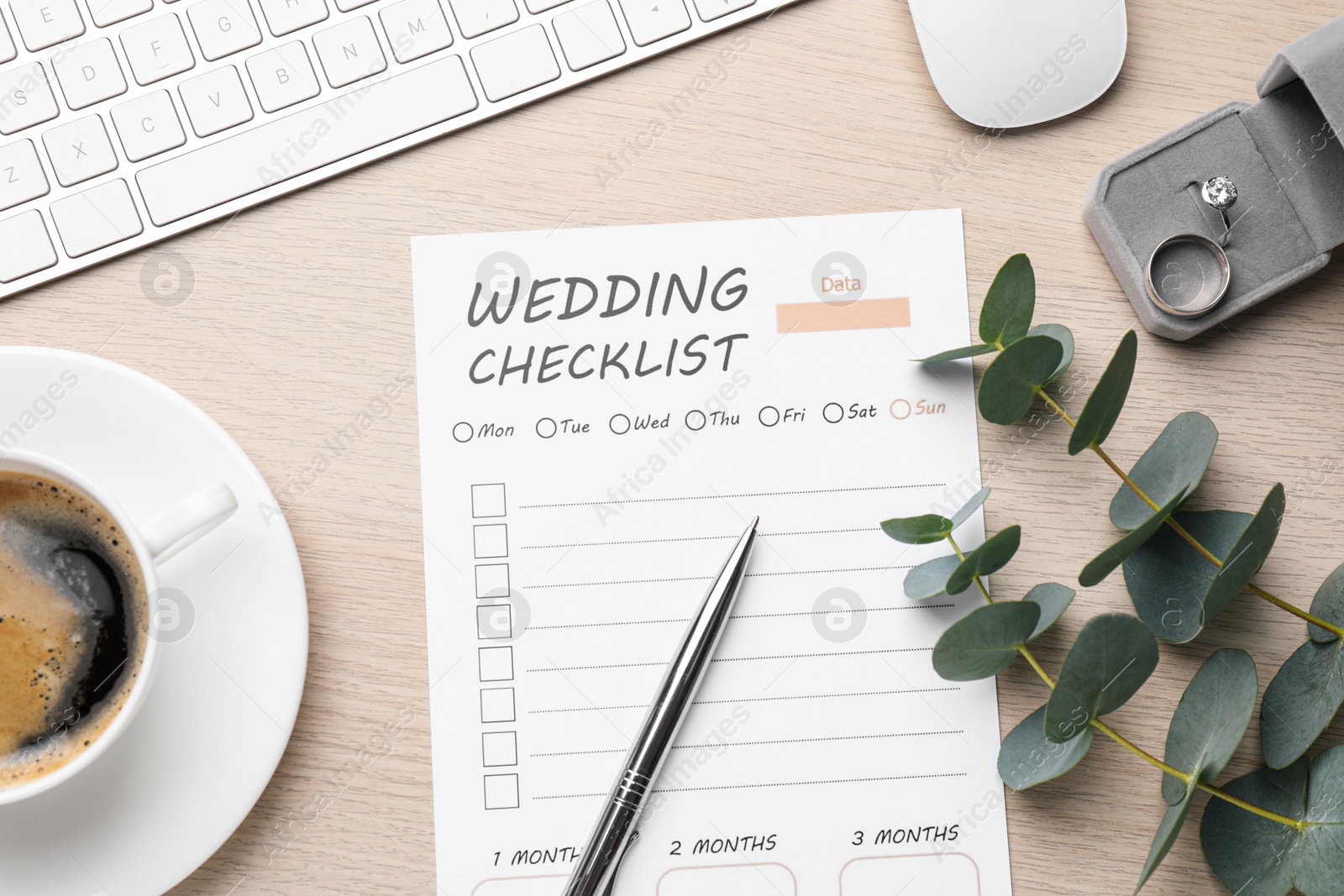 Photo of Flat lay composition with Wedding Checklist on white wooden table