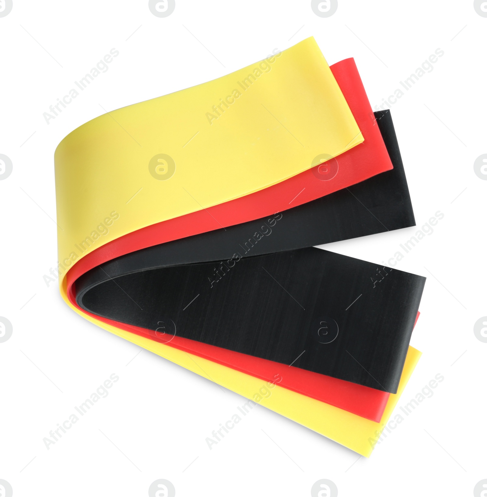 Photo of Set of fitness elastic bands on white background, top view