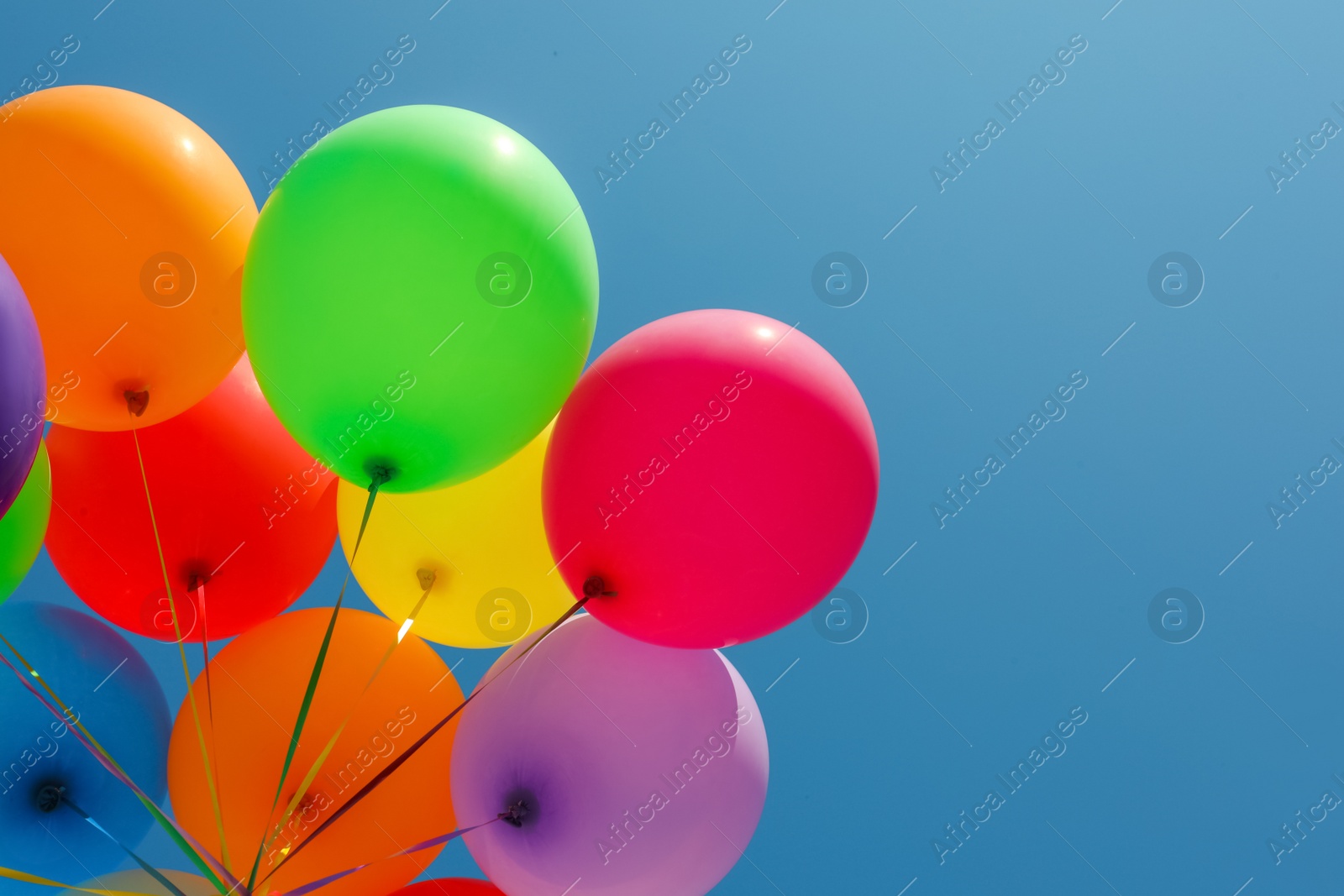 Photo of Bunch of colorful balloons against blue sky, low angle view. Space for text