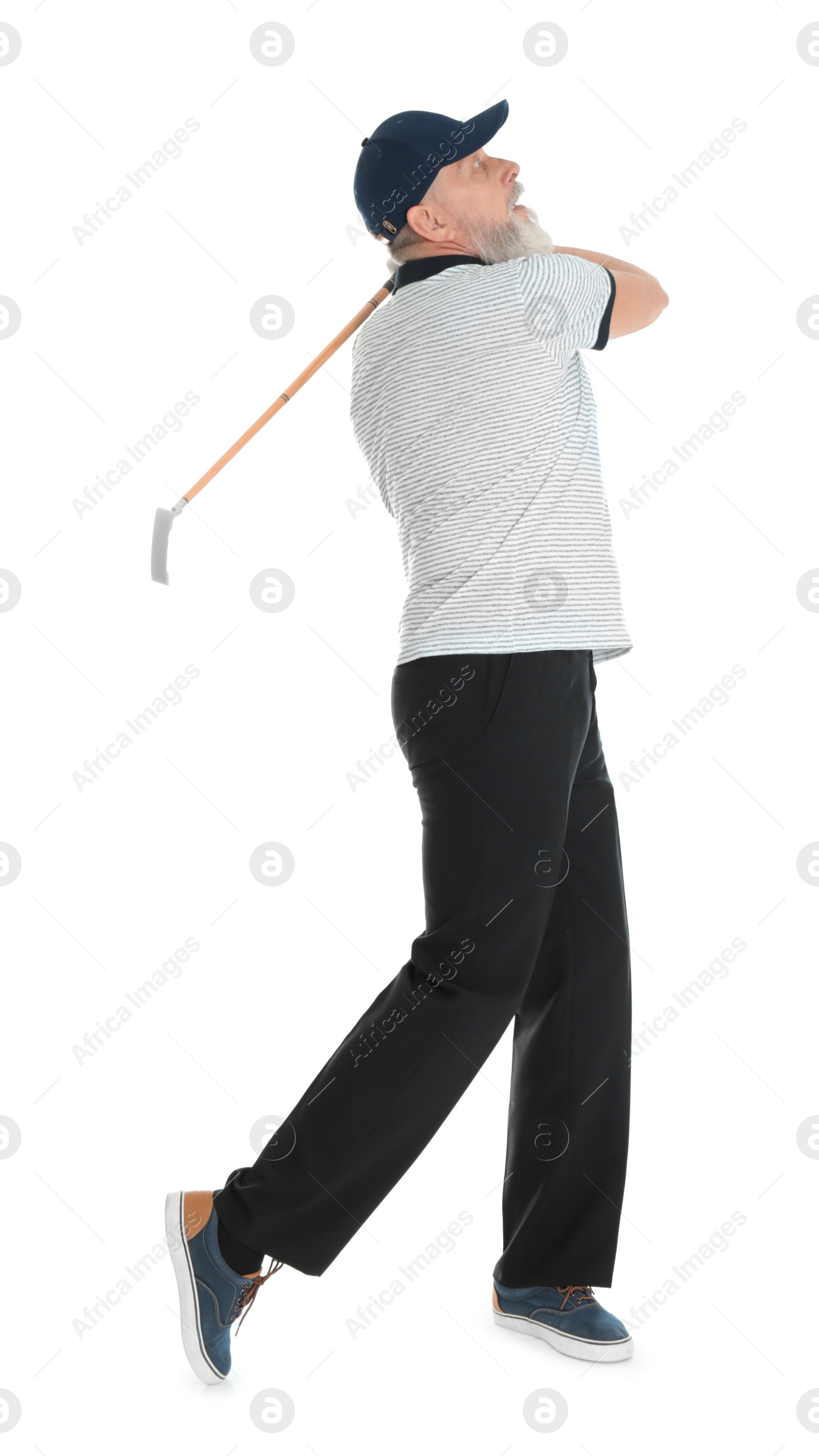 Photo of Senior man playing golf on white background