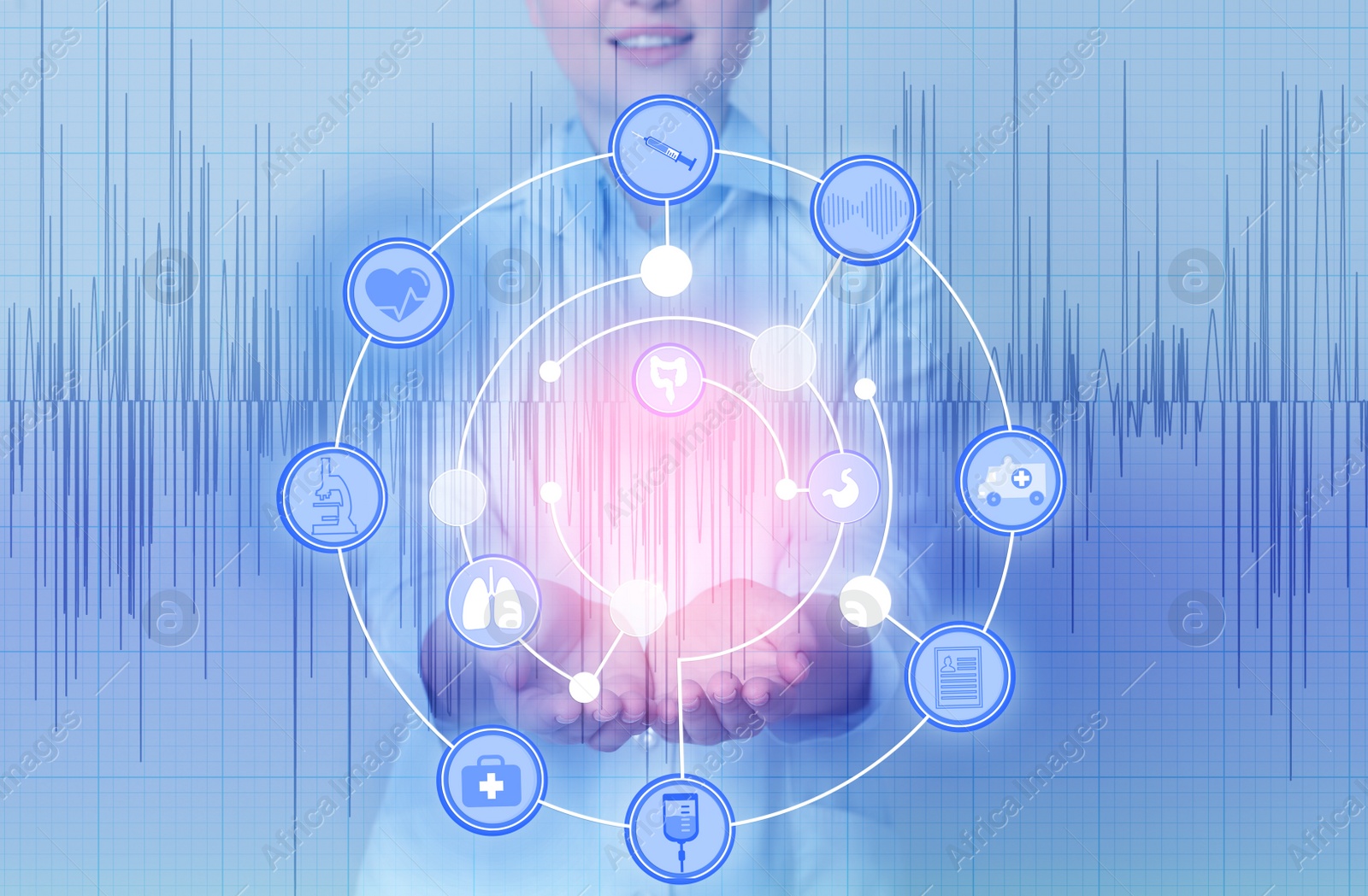 Image of Medical technology concept. Doctor and illustration of different icons, double exposure