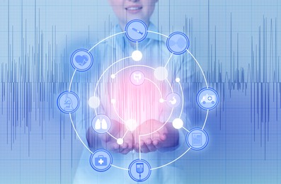 Medical technology concept. Doctor and illustration of different icons, double exposure