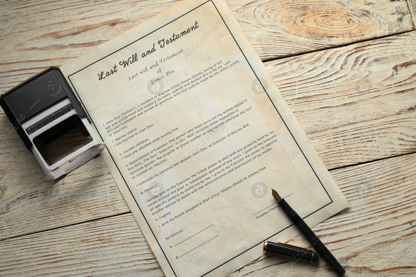 Photo of Last Will and Testament with stamp and pen on white wooden table, top view