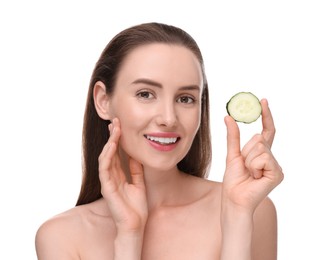 Photo of Beautiful woman with piece of cucumber on white background