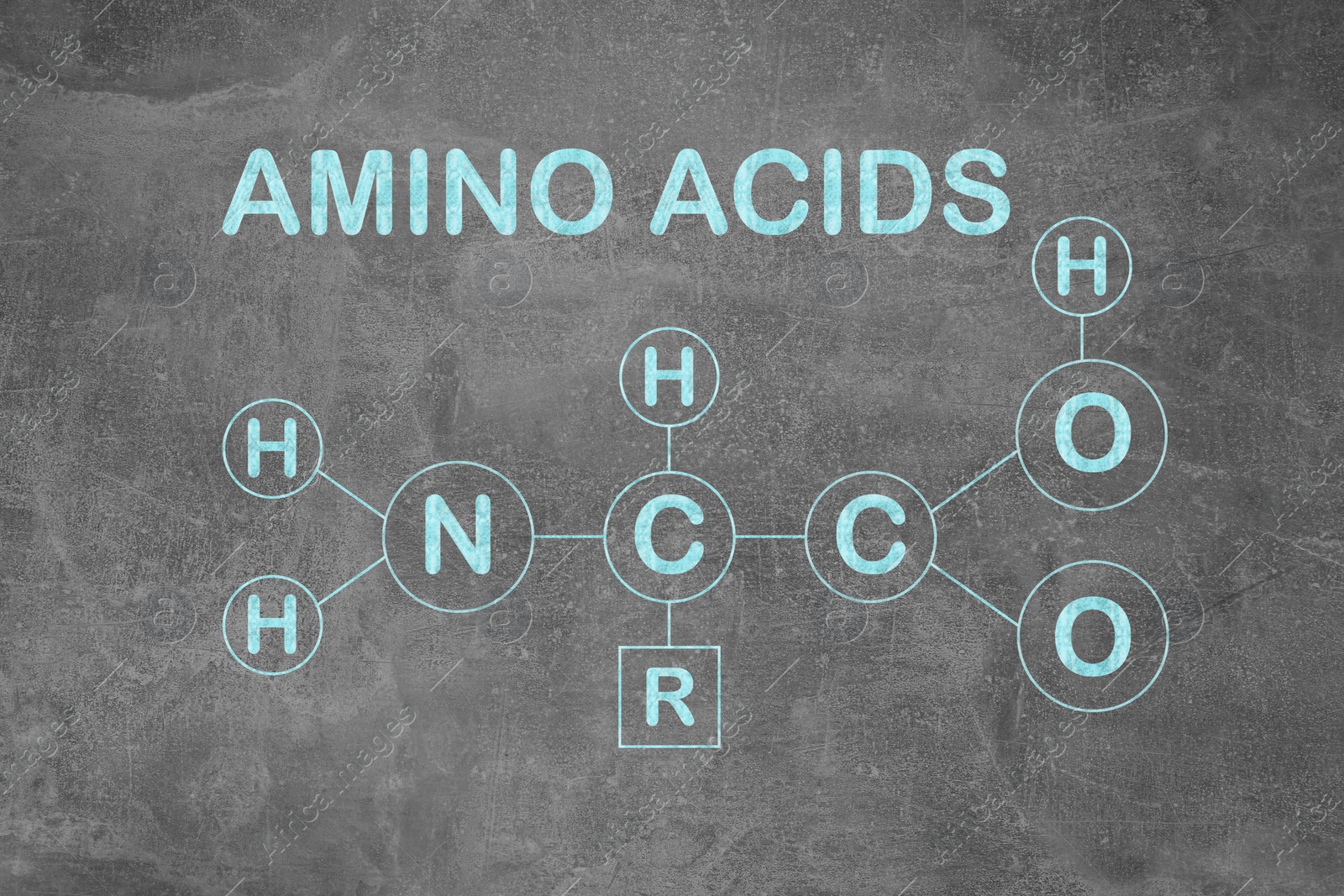 Illustration of Text AMINO ACIDS and chemical formula on light grey stone surface
