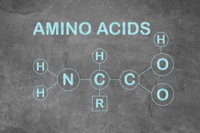 Text AMINO ACIDS and chemical formula on light grey stone surface