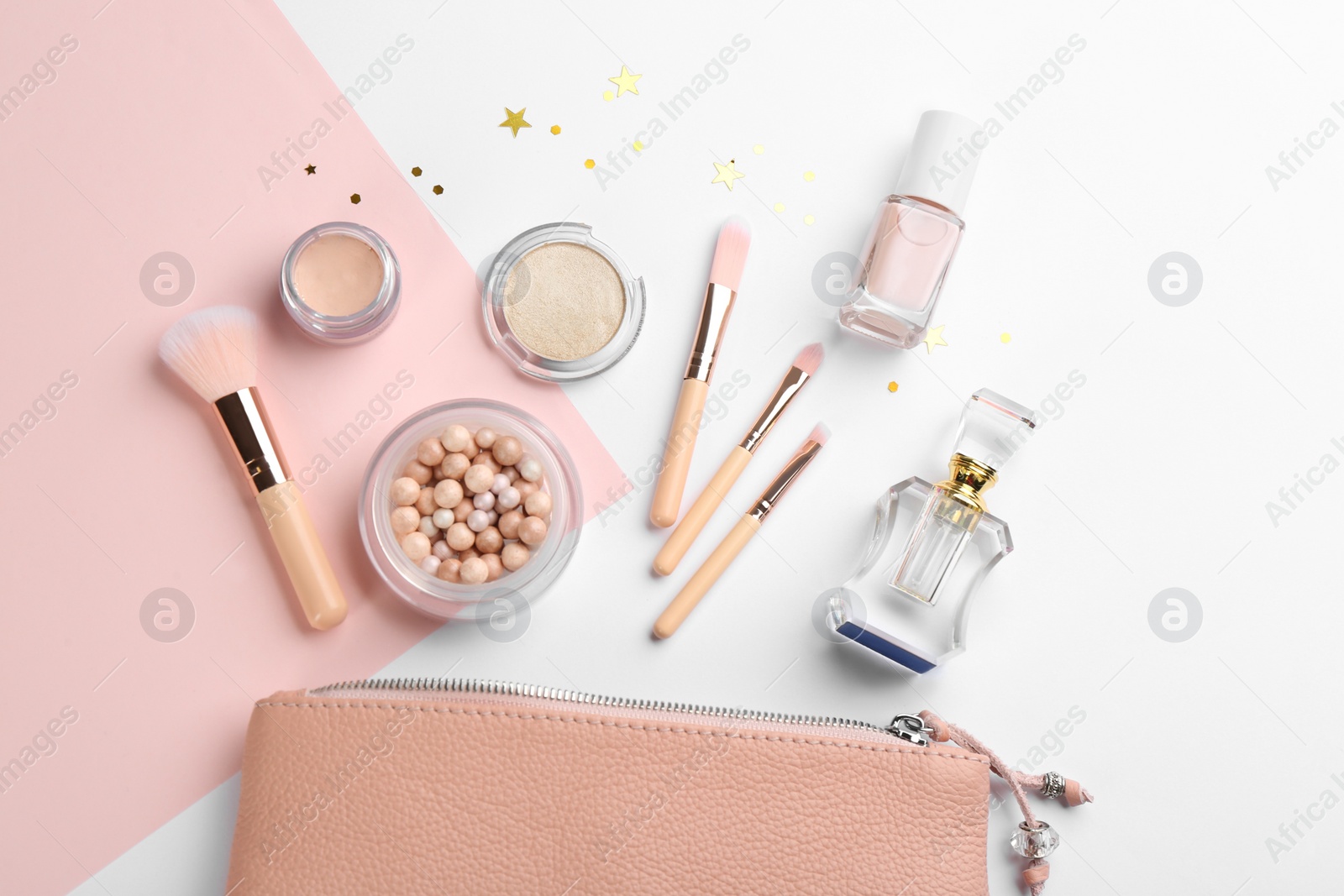 Photo of Flat lay composition with decorative cosmetic products on color background. Winter care