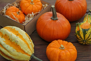 Photo of Crate and many different pumpkins on wooden table, closeup