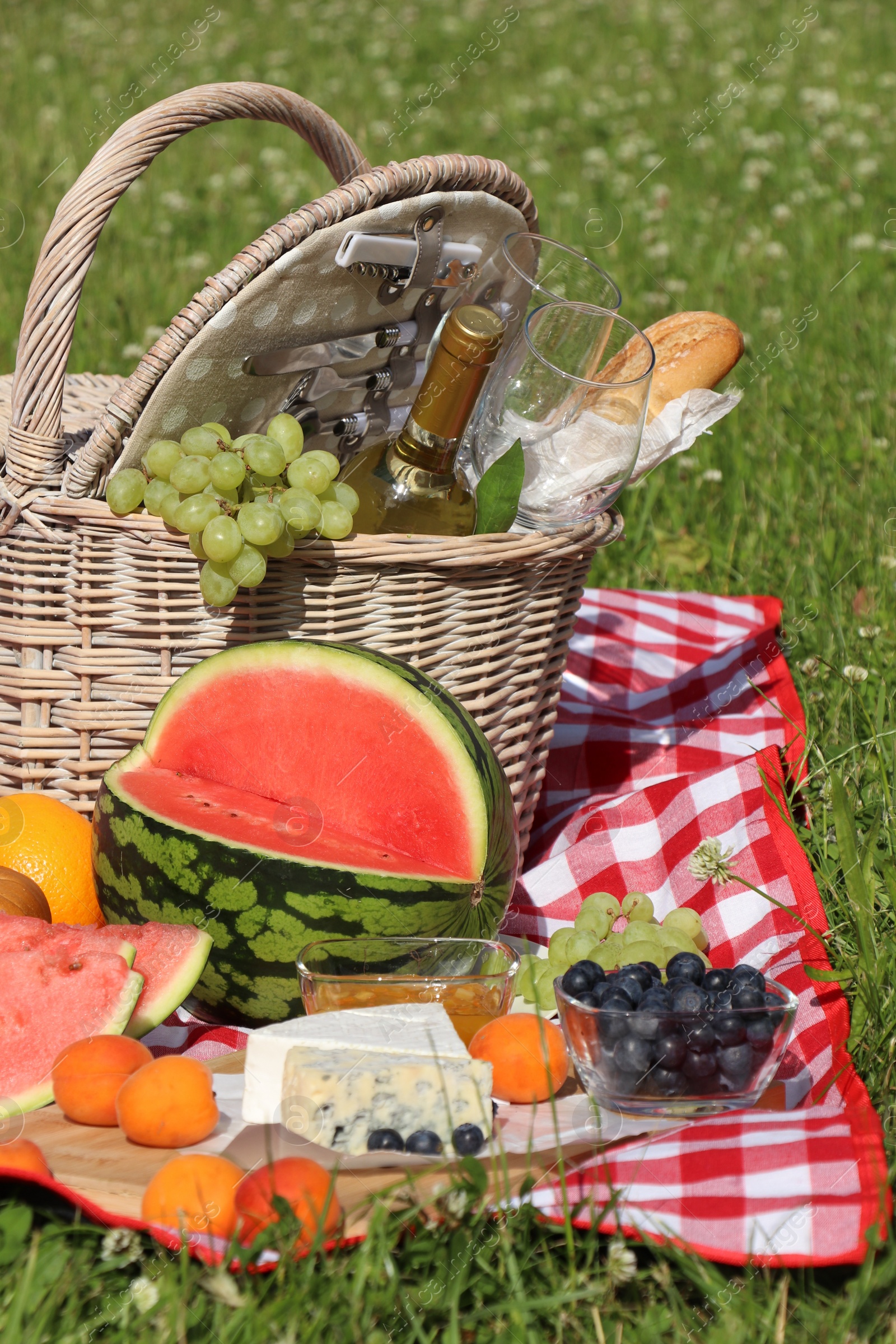 Photo of Picnic blanket with delicious food and wine outdoors on summer day