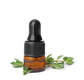 Photo of Bottle with thyme essential oil and fresh herb on white background