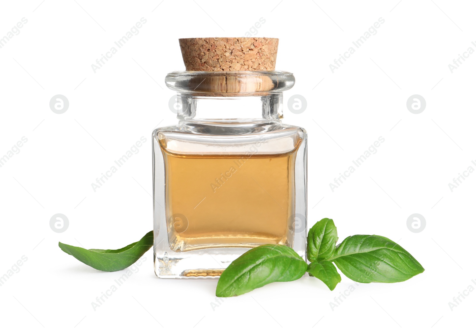 Photo of Glass bottle of basil essential oil and leaves on white background