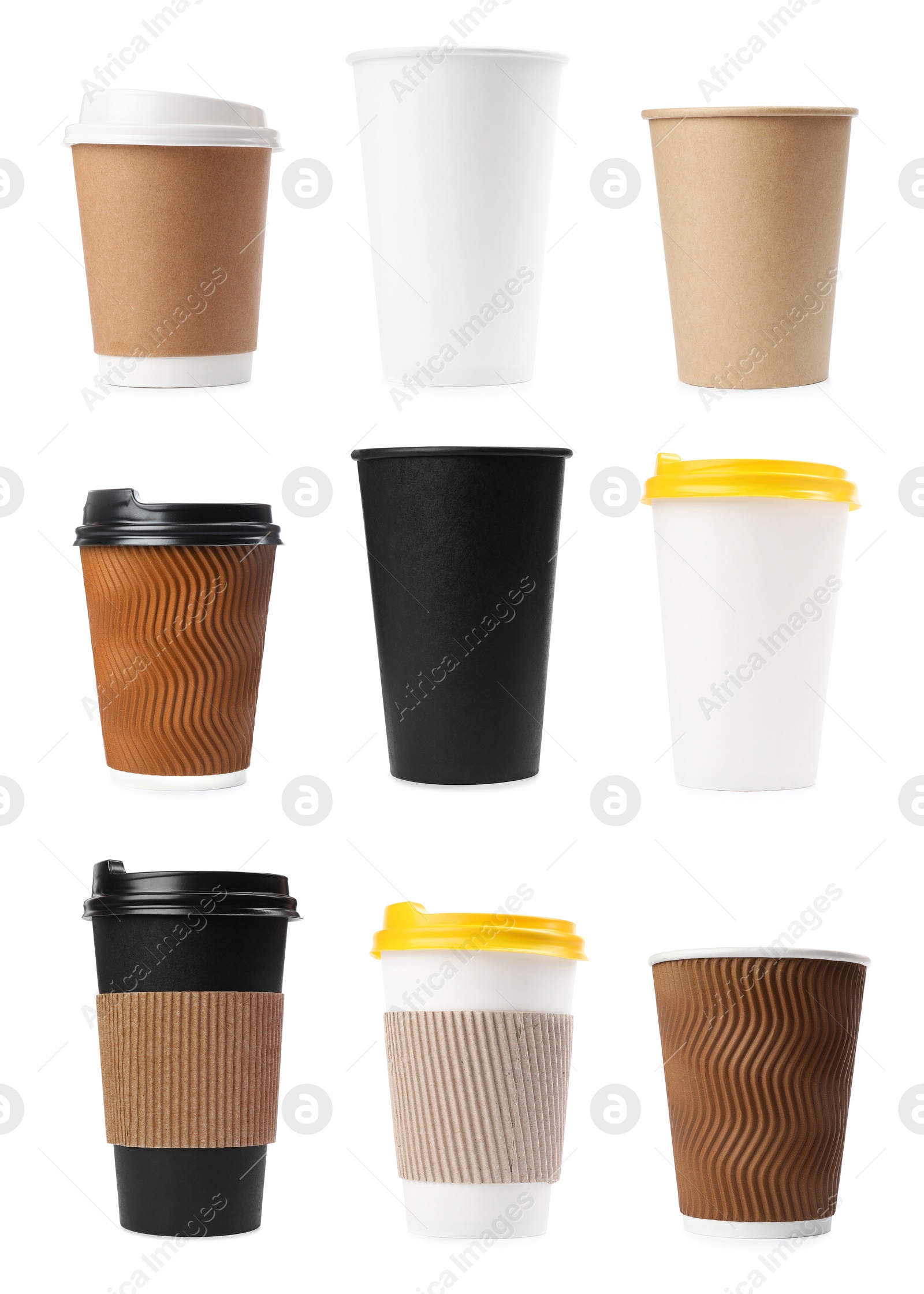 Image of Set of paper coffee cups on white background