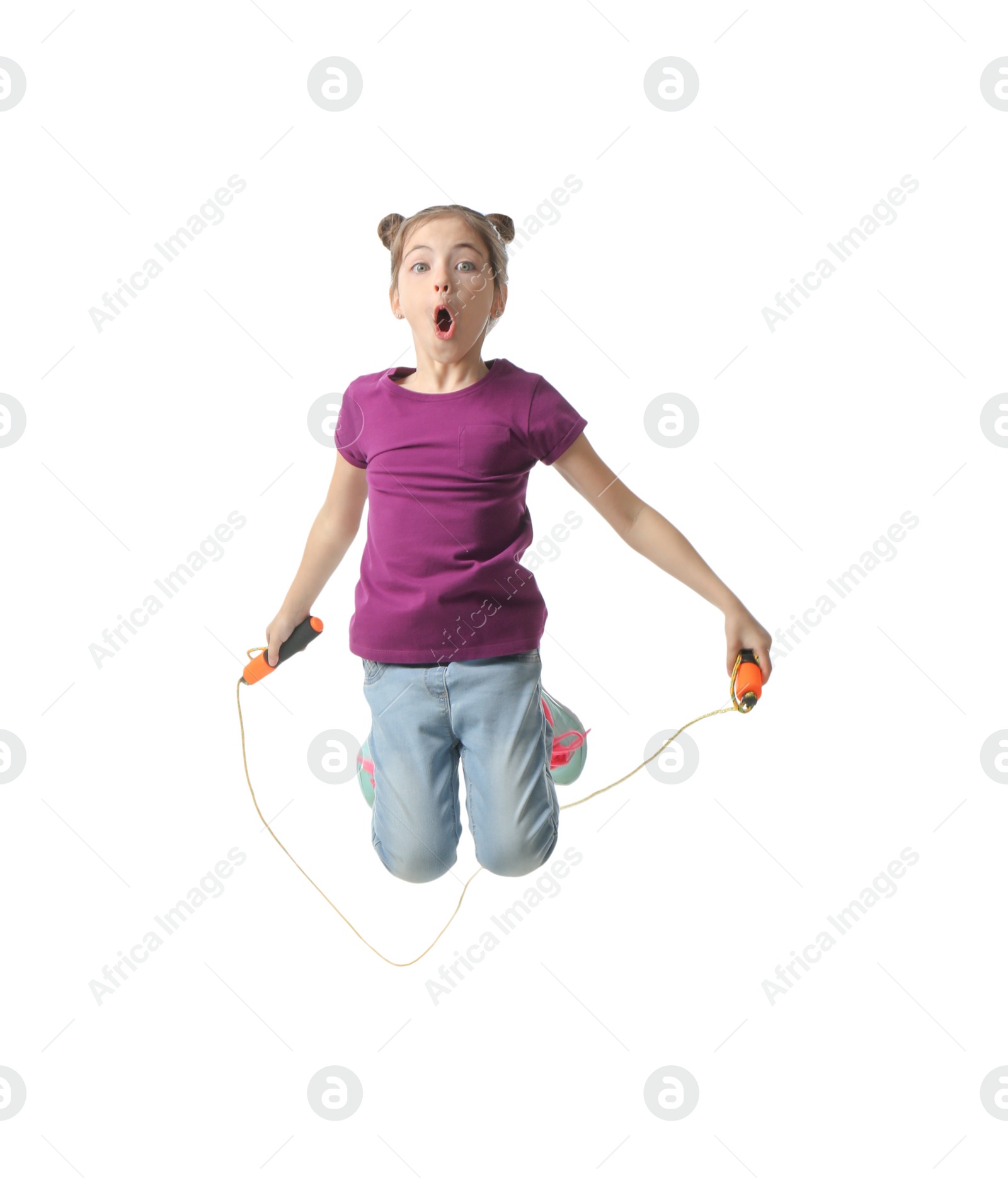 Photo of Cute little girl with jump rope on white background