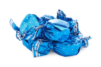 Photo of Candies in light blue wrappers isolated on white