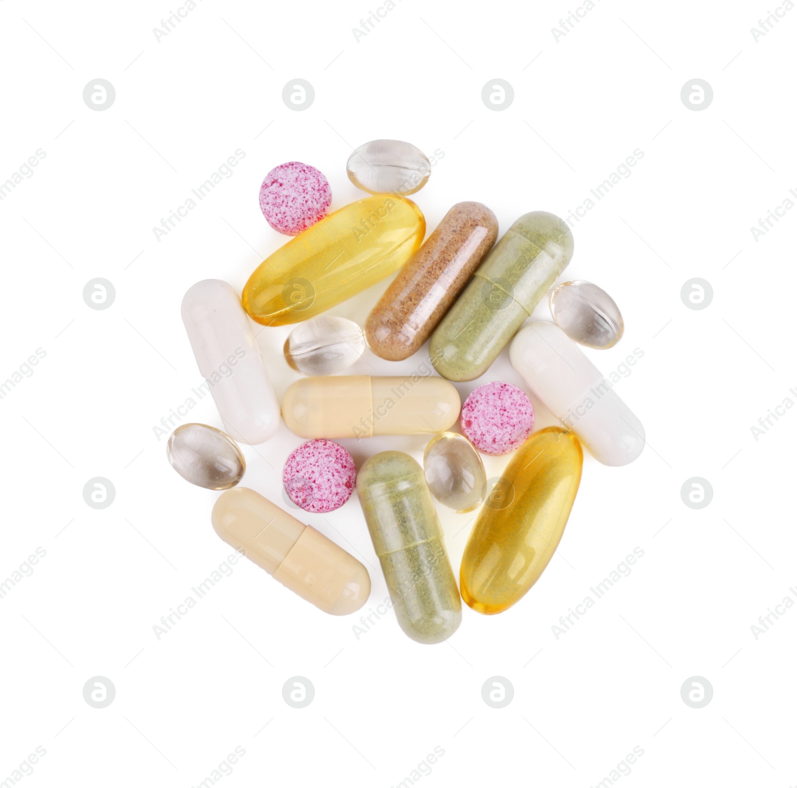 Photo of Many different vitamin pills isolated on white, top view