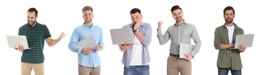 Image of Collage with photos of men holding modern laptops on white background. Banner design