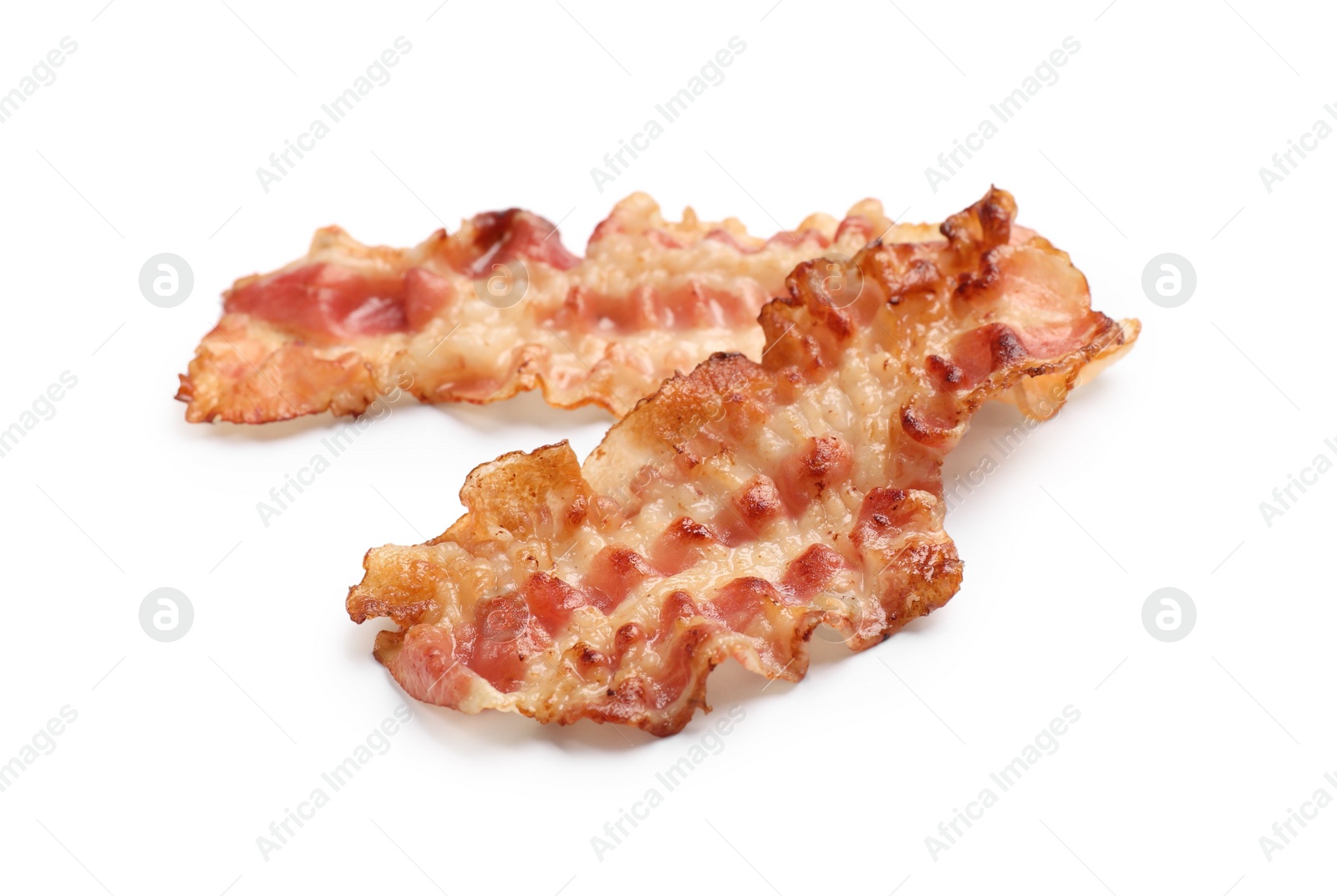 Photo of Delicious fried bacon slices isolated on white