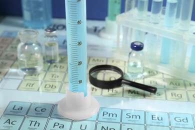 Photo of Magnifying glass, bottles and graduated cylinder on periodic table of chemical elements, closeup