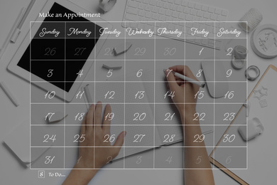 Image of Double exposure of calendar and professional designer working at white table. Personal schedule