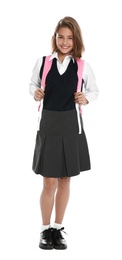 Photo of Happy girl in school uniform on white background