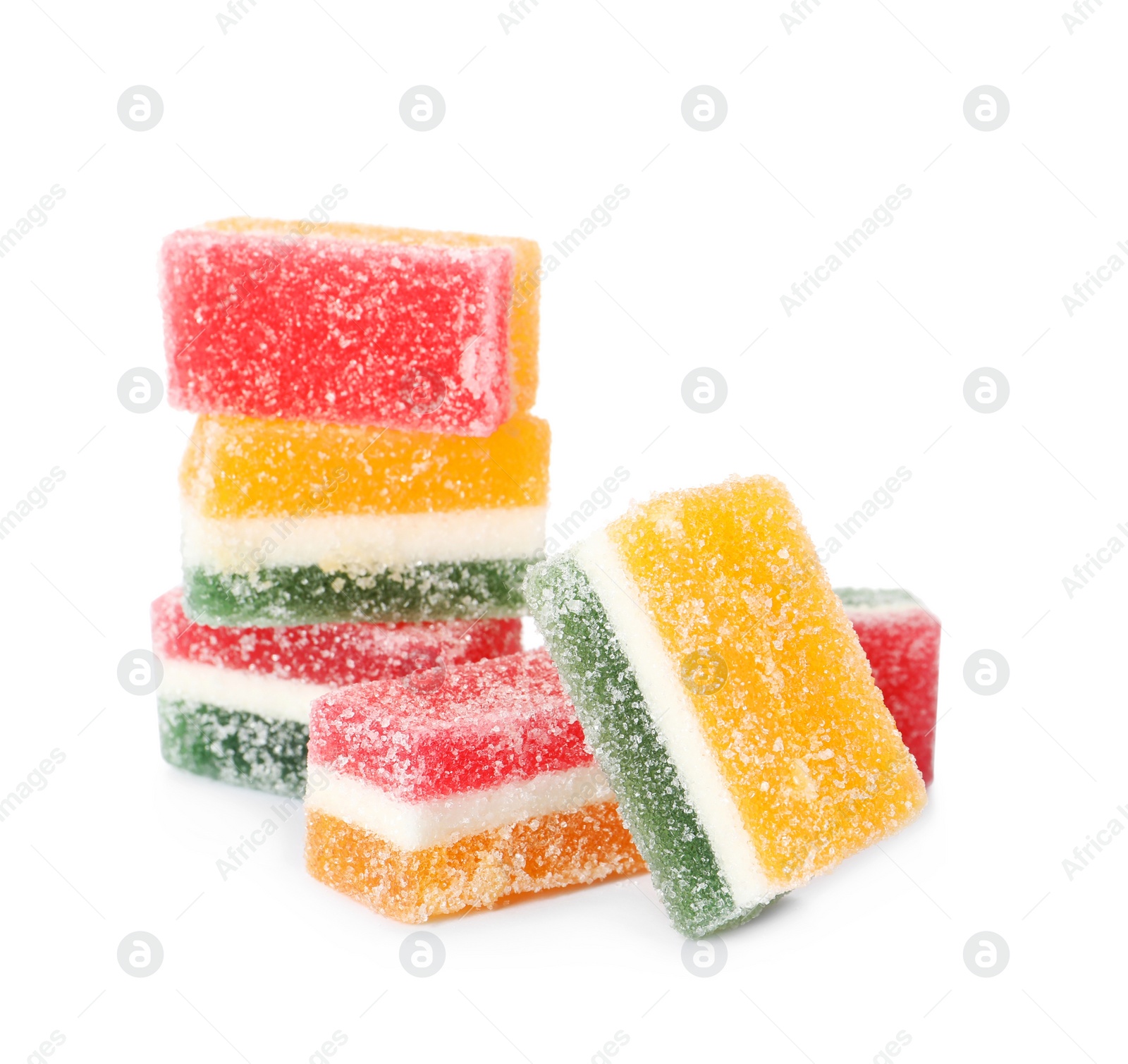 Photo of Delicious sweet marmalade pieces on white background