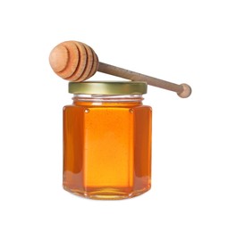 Tasty natural honey in glass jar and dipper isolated on white