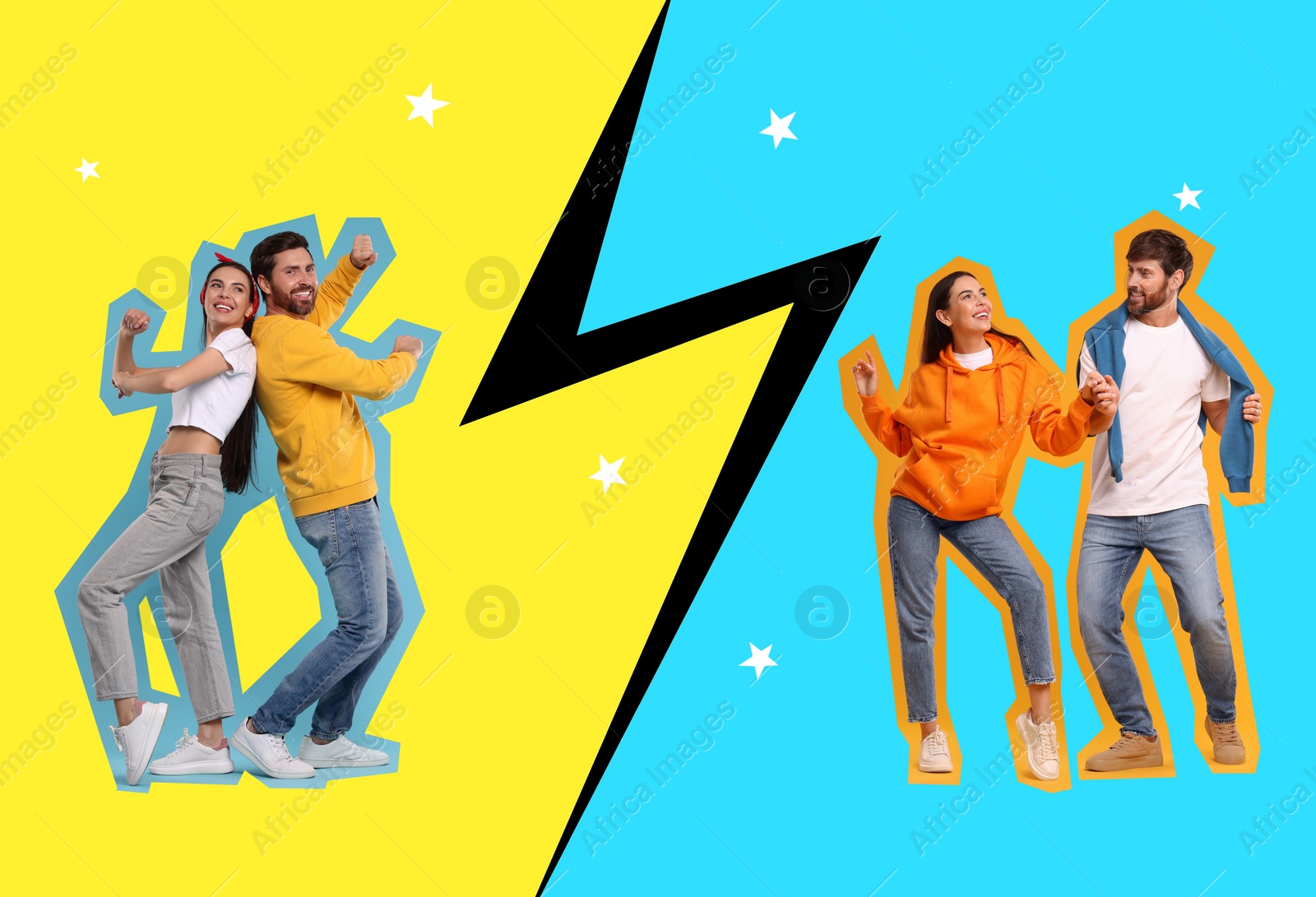 Image of Pop art poster. Couple dancing on bright comic style background