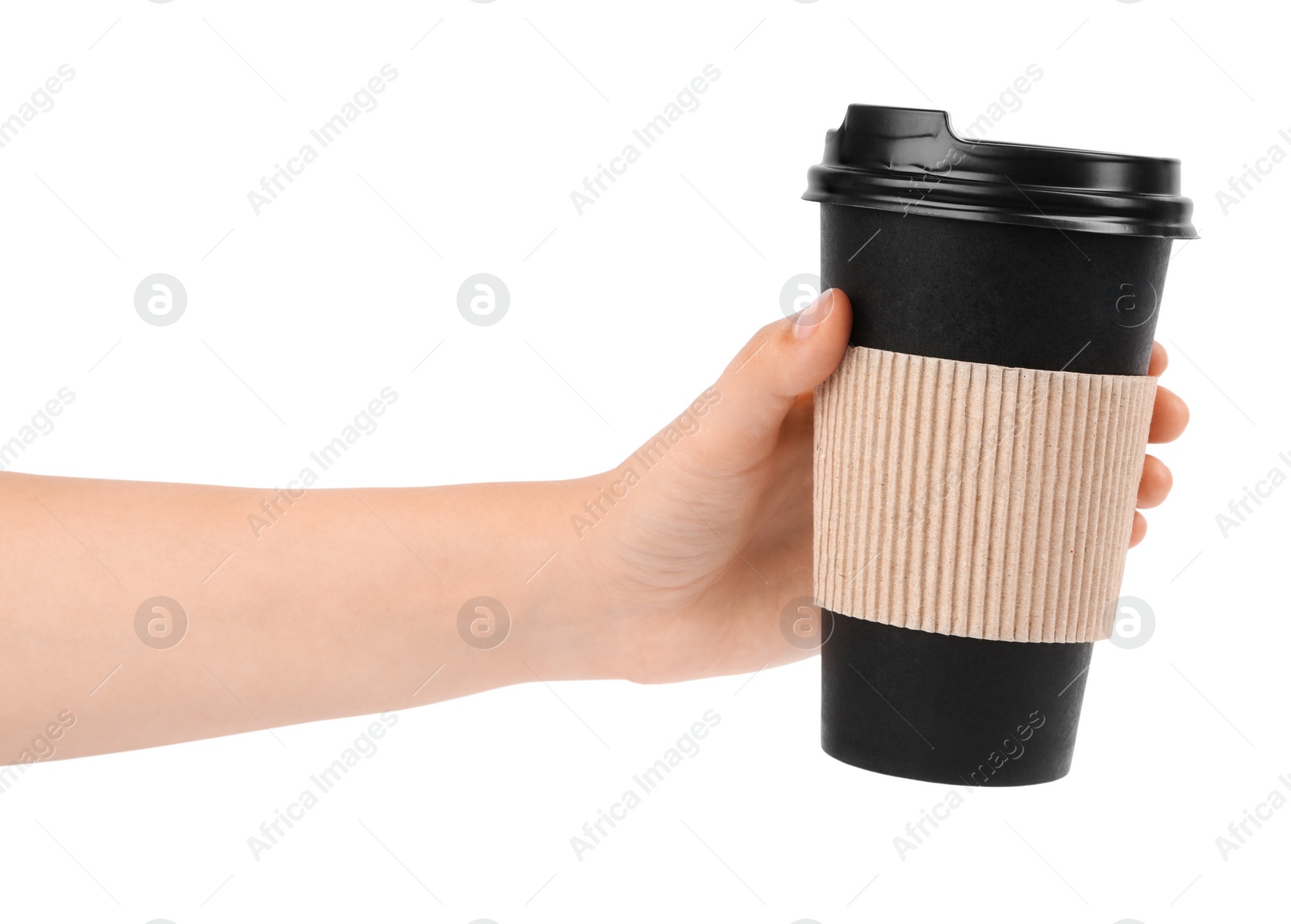 Photo of Woman holding takeaway paper coffee cup with cardboard sleeve on white background, closeup