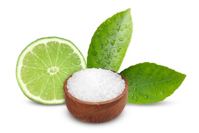 Cut lime and salt isolated on white. Margarita cocktail ingredients