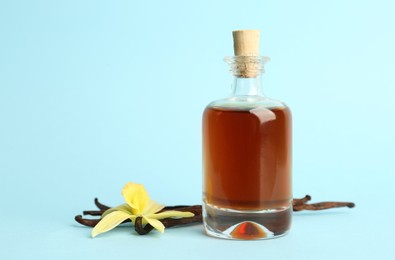 Aromatic homemade vanilla extract on light blue background