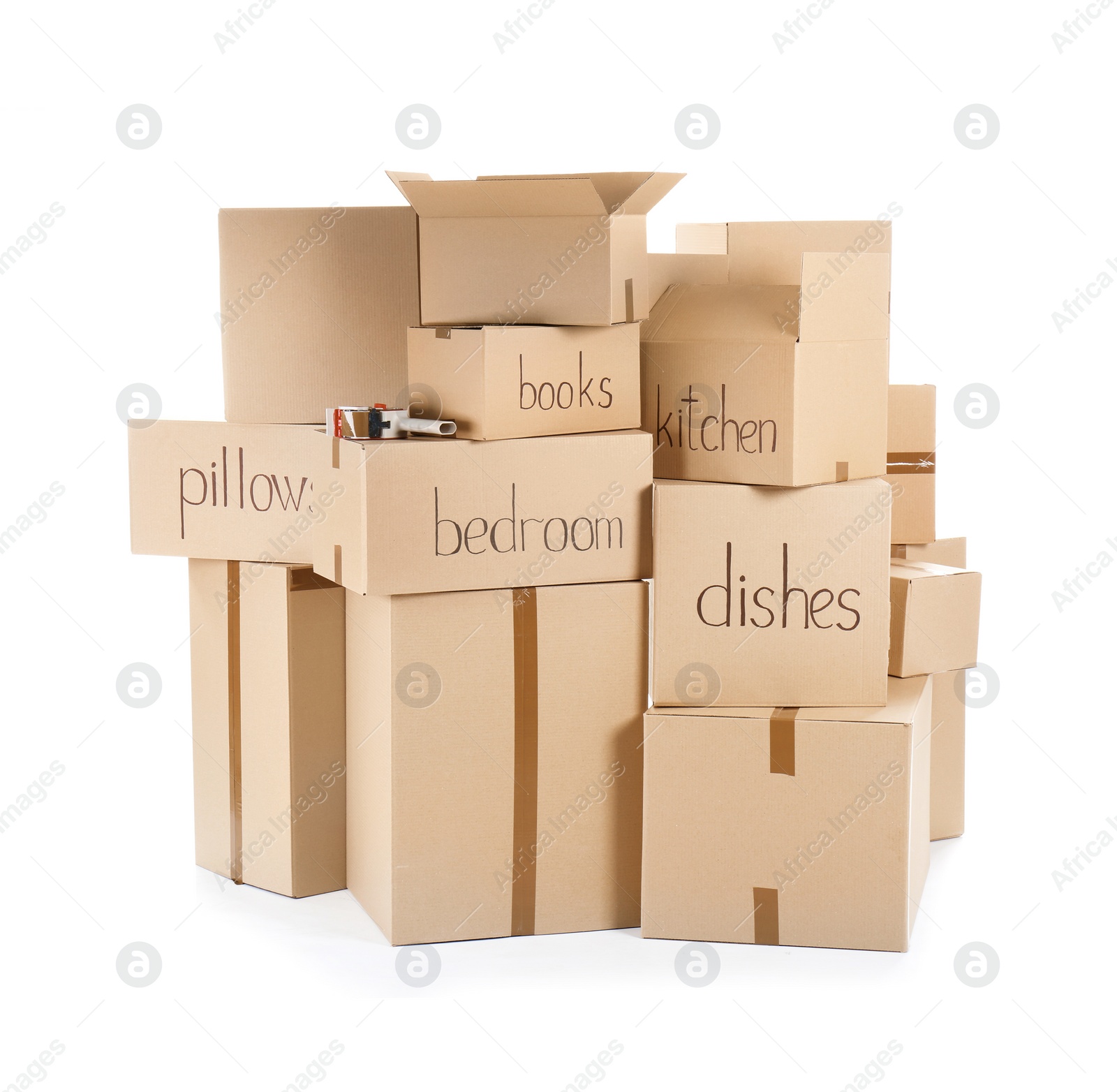 Photo of Moving boxes and adhesive tape dispenser on white background