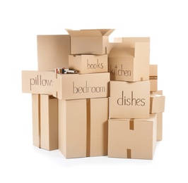 Photo of Moving boxes and adhesive tape dispenser on white background