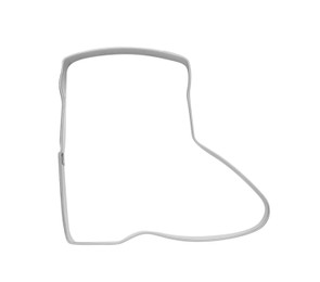 Photo of Boot shaped cookie cutter on white background, top view