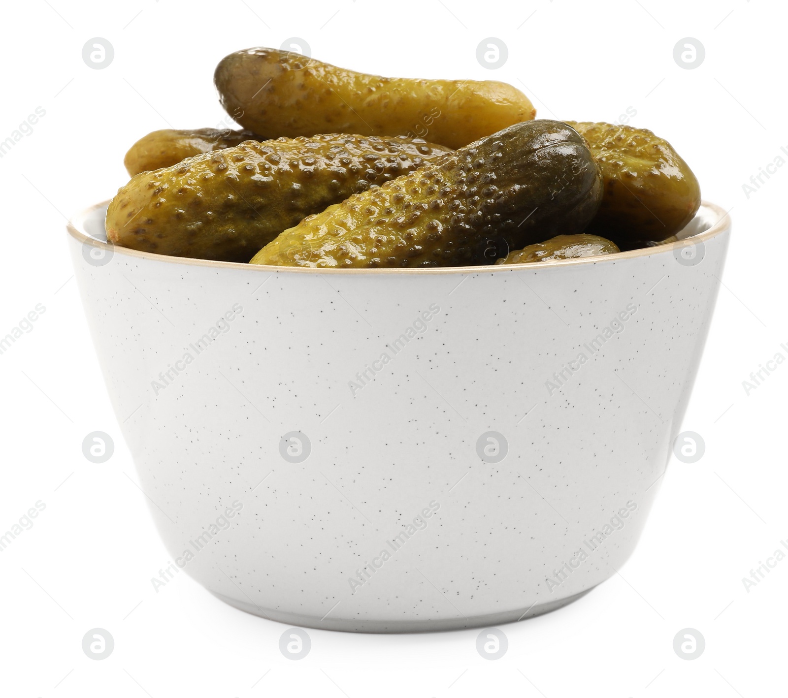 Photo of Tasty pickled cucumbers in bowl isolated on white