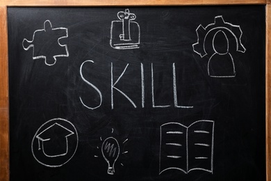 Photo of Word SKILL and drawings on chalkboard. Business trainer concept
