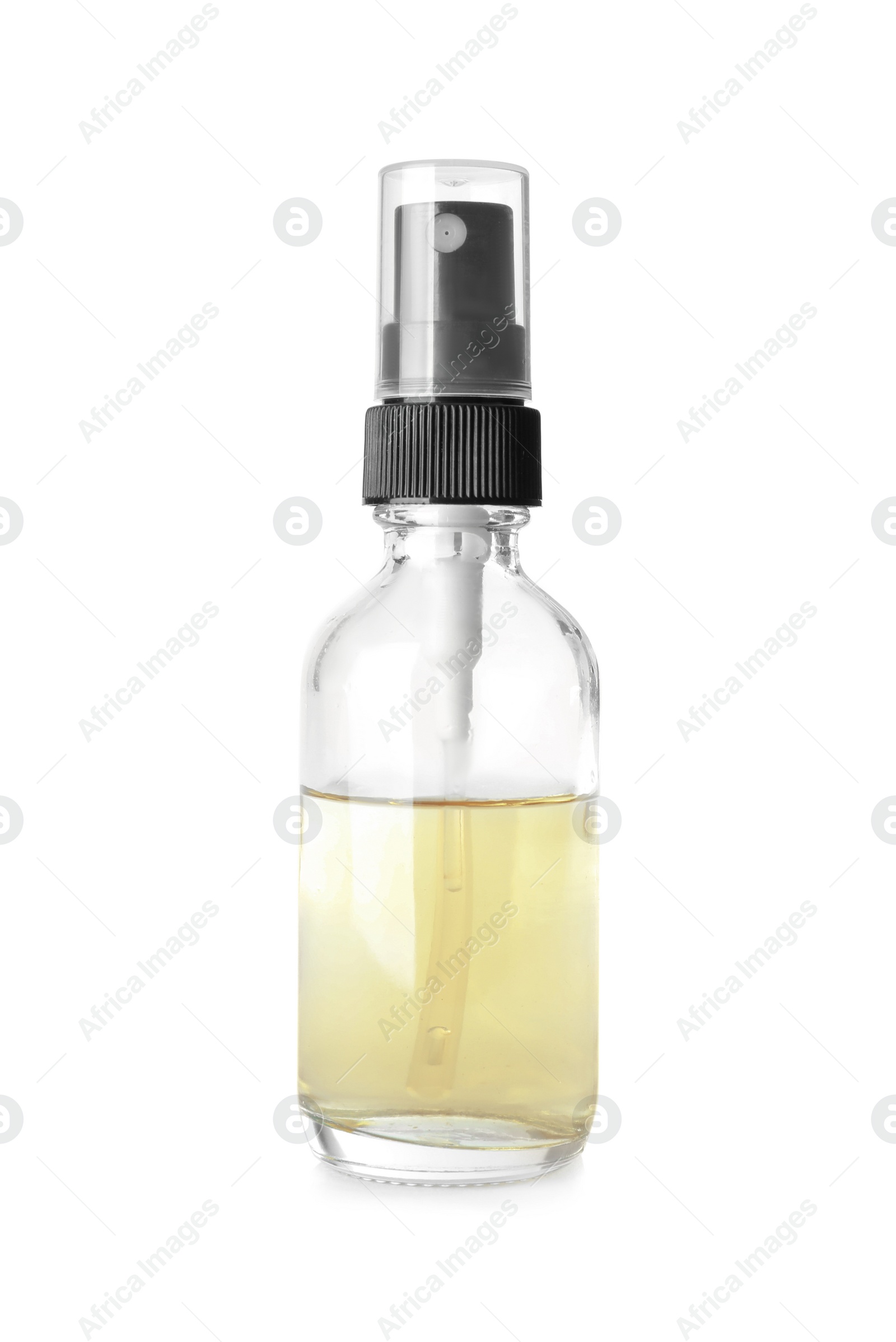 Photo of Bottle of herbal essential oil isolated on white