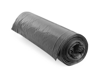 Roll of grey garbage bags on white background. Cleaning supplies