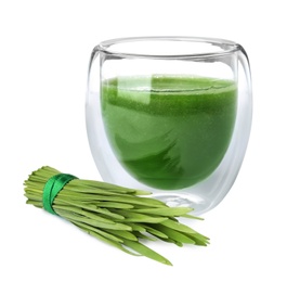 Photo of Glass of fresh wheat grass juice and sprouts on white background