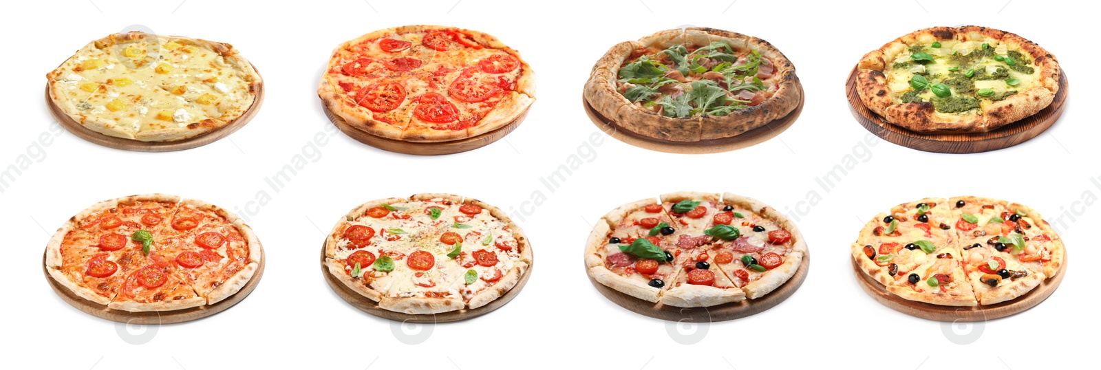 Image of Set with different delicious pizzas on white background. Banner design