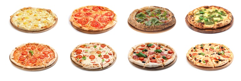 Image of Set with different delicious pizzas on white background. Banner design