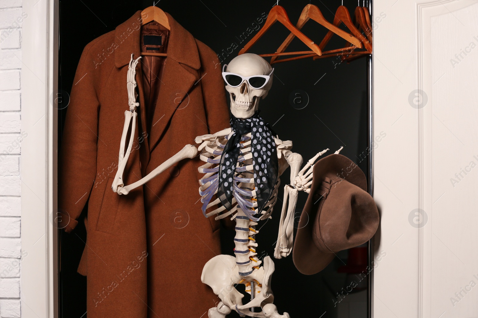 Photo of Artificial human skeleton model among clothes in wardrobe