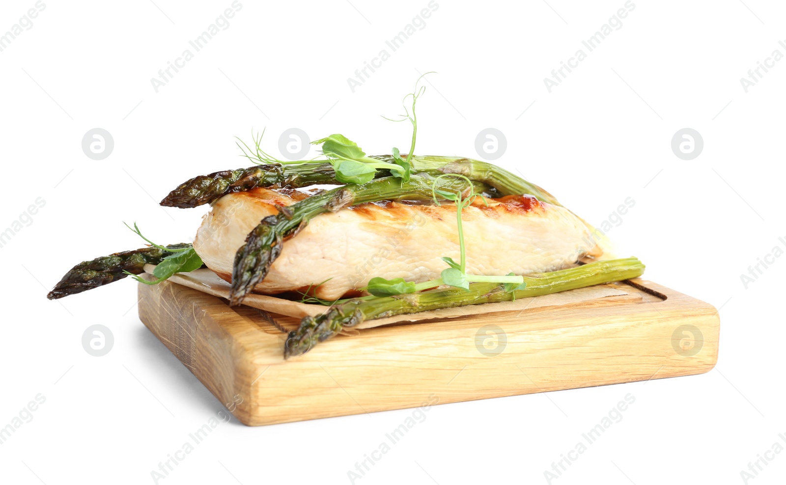 Photo of Tasty grilled chicken fillet with asparagus and sprouts isolated on white