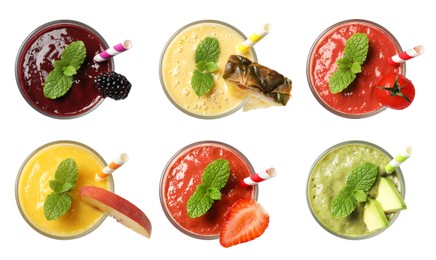 Image of Set with different tasty smoothies on white background, top view