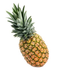 Photo of Tasty whole pineapple with leaves on white background