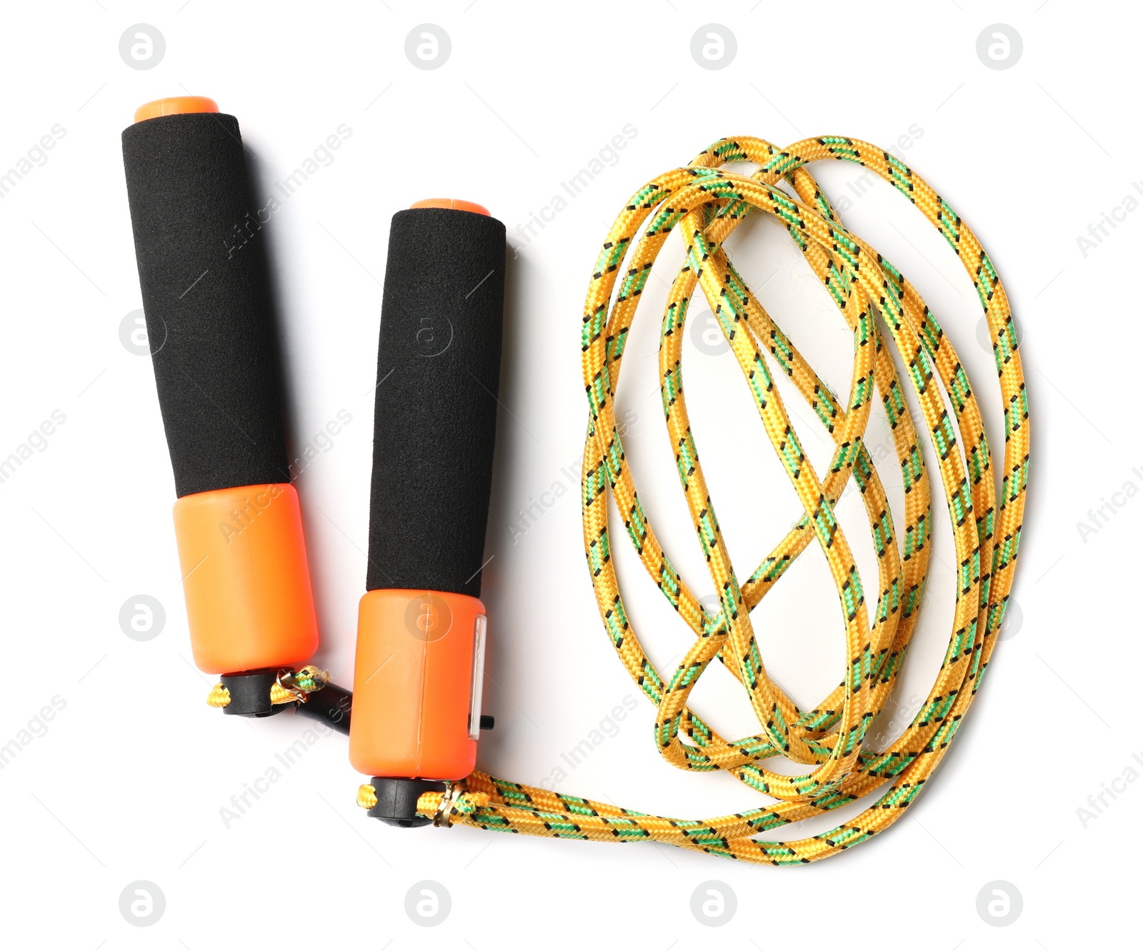 Photo of Jump rope on white background, top view