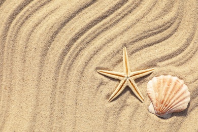 Starfish and seashell on beach sand with wave pattern, top view. Space for text