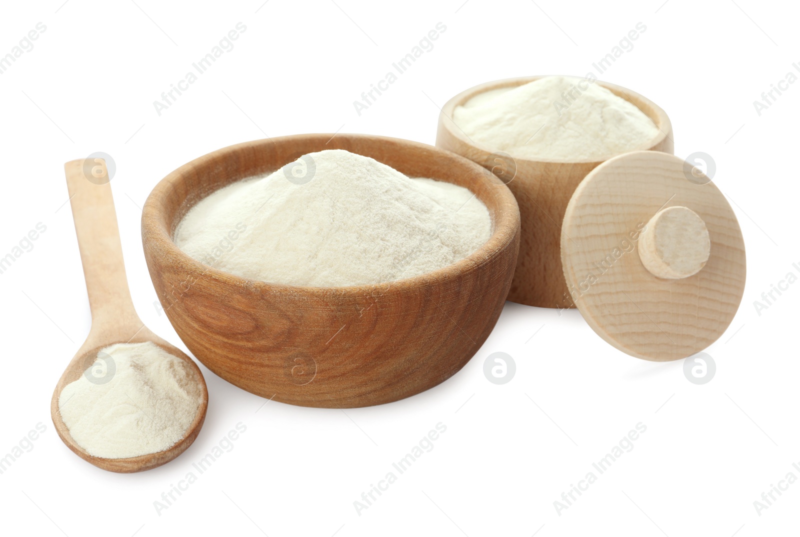 Photo of Wooden bowl, box and spoon of agar-agar powder on white background