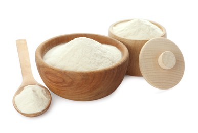 Photo of Wooden bowl, box and spoon of agar-agar powder on white background