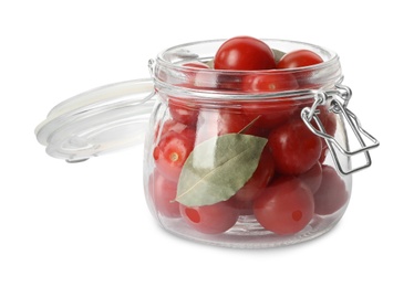 Photo of Pickling jar with fresh ripe cherry tomatoes isolated on white