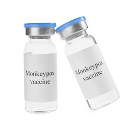 Monkeypox vaccine in glass vials on white background